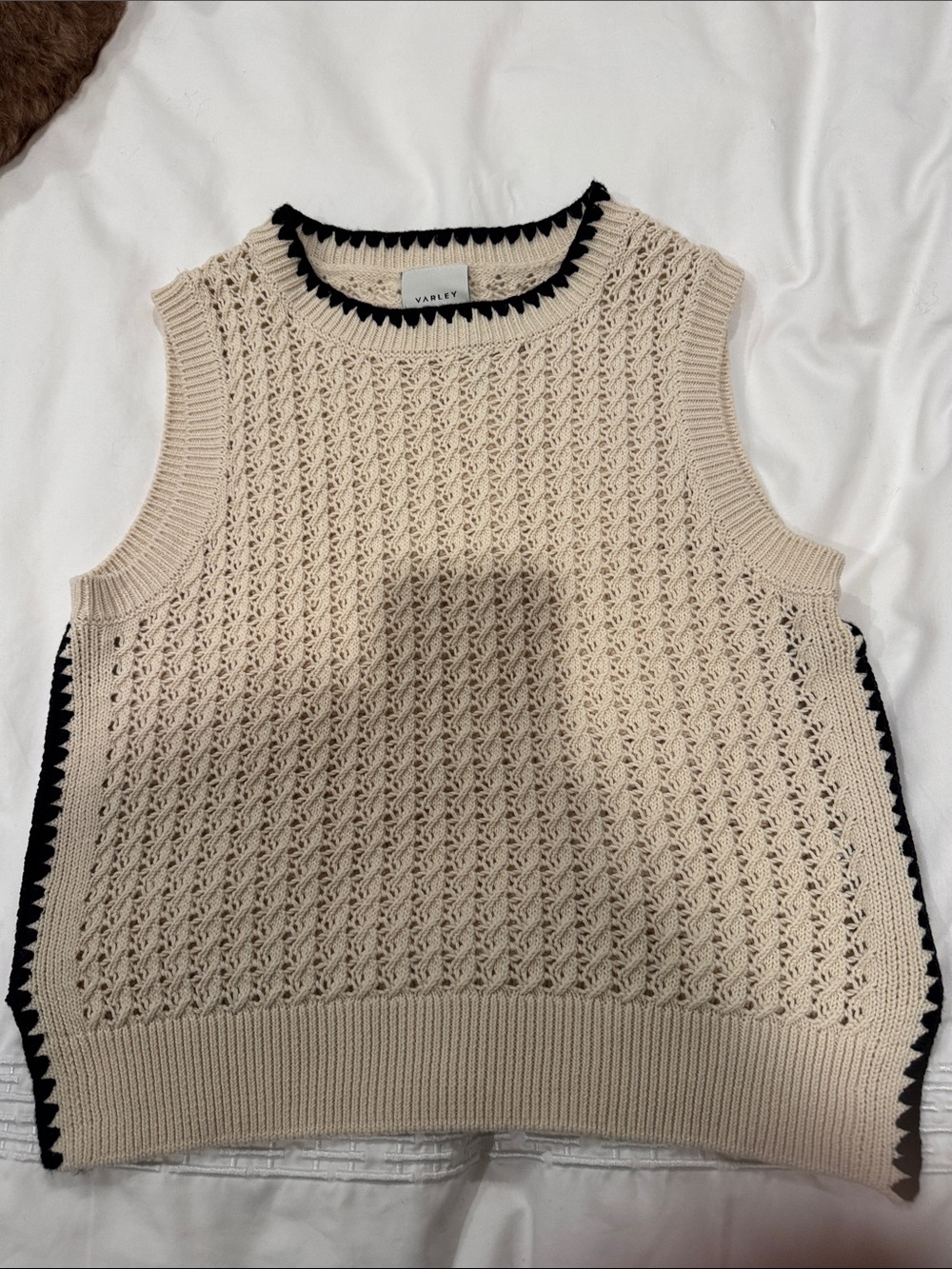 Varley Cream Open-Knit Sleeveless Top with Black Trim
